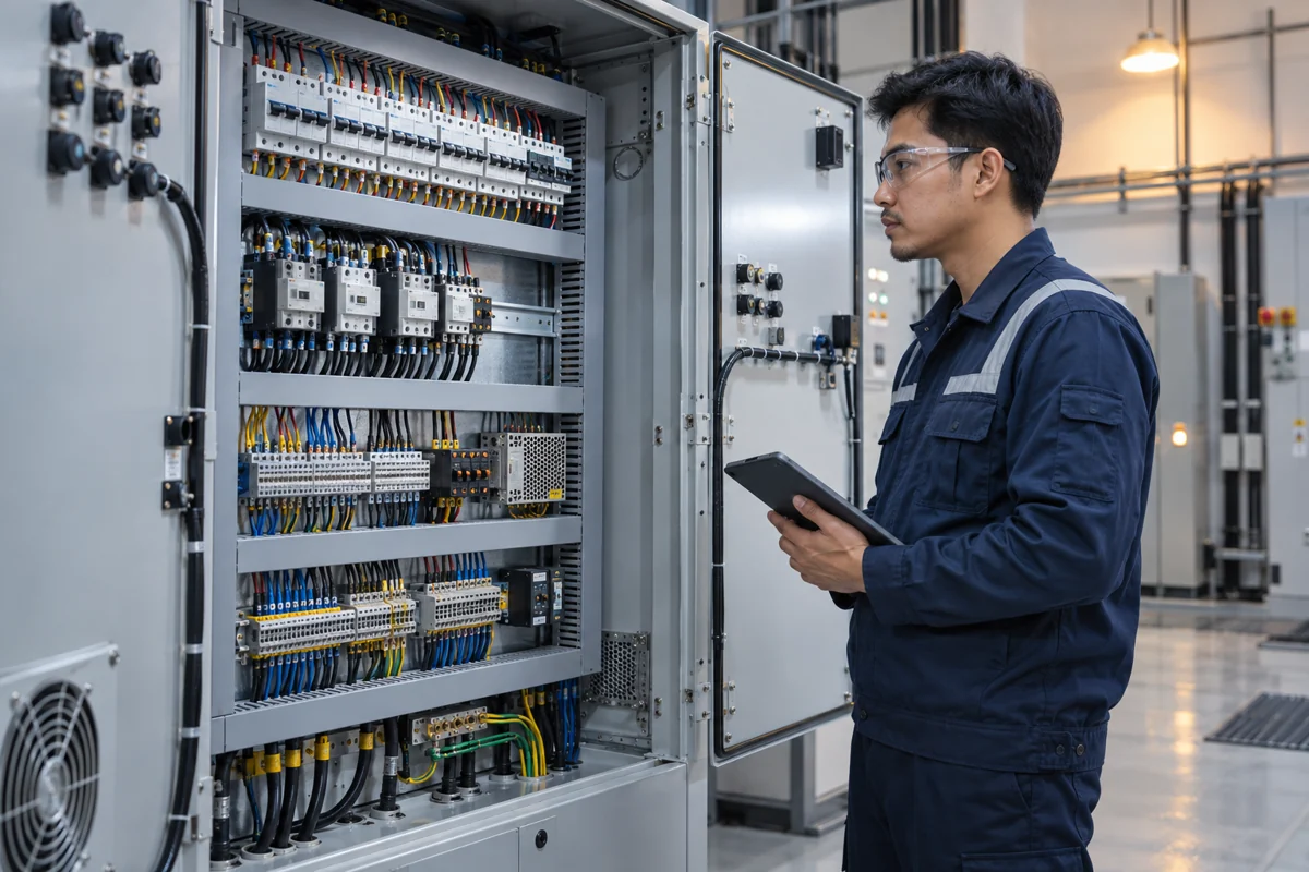 Ilustrasi teknisi memeriksa panel kontrol elektrikal