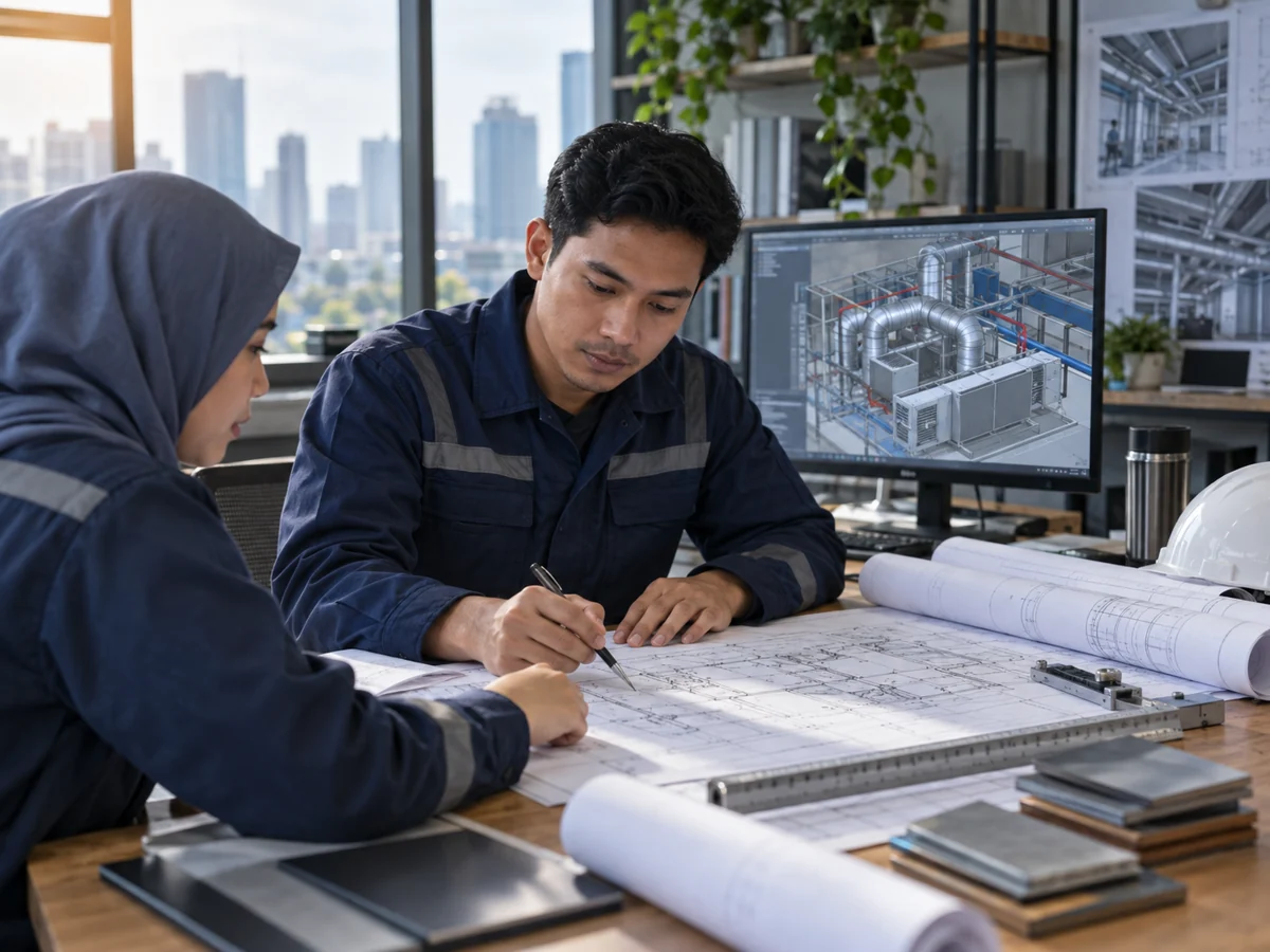Ilustrasi tim engineer meninjau gambar teknis