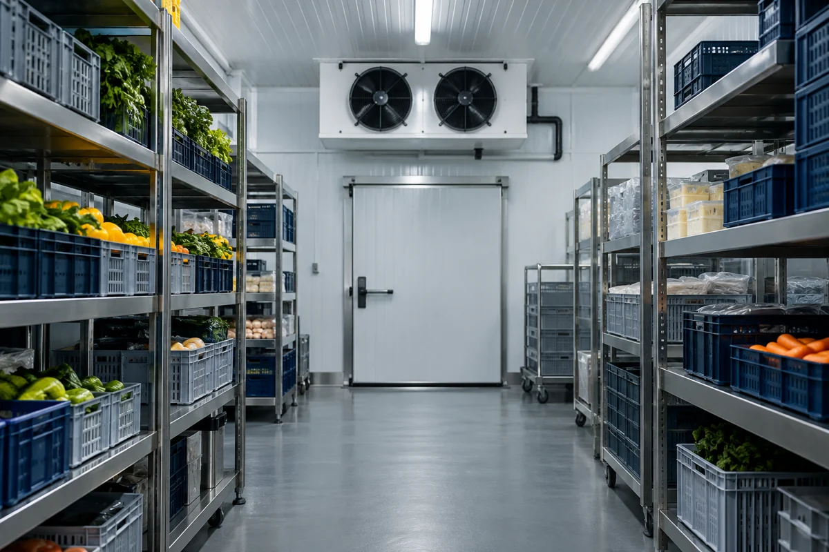 Ilustrasi cold storage dengan evaporator dan rak penyimpanan